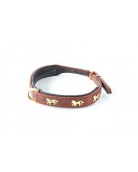 HB Collier Chevaux. --- Collier en cuir de luxe, meneé, avec des chevaux en laiton en 2 couleurs.