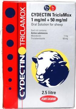 Cydectin Triclamox Drench 2.5ltr.  --- Tegen maag-, darm-, longwormen, leverbot, luizen & schurftmijt.